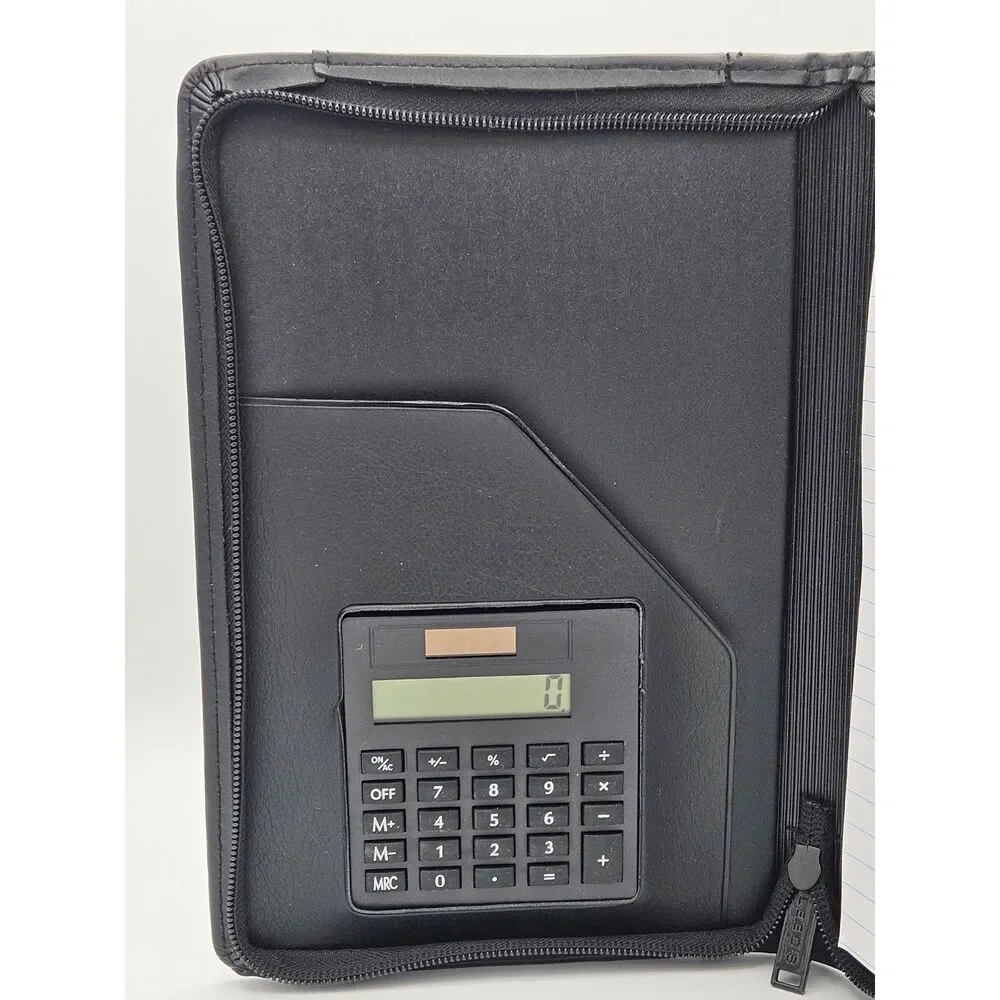 Black Zippered Portfolio Padfolio Organizer w/ Calculator & Notepad for Teacher